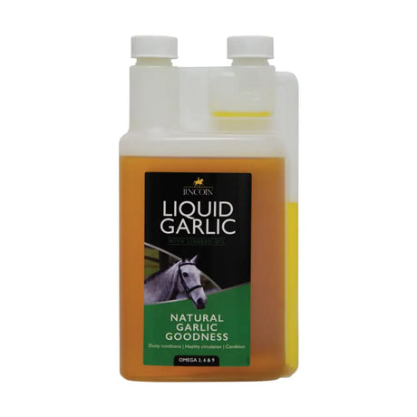 A clear plastic bottle of lincoln liquid garlic with amber liquid and white cap featuring a dual neck design