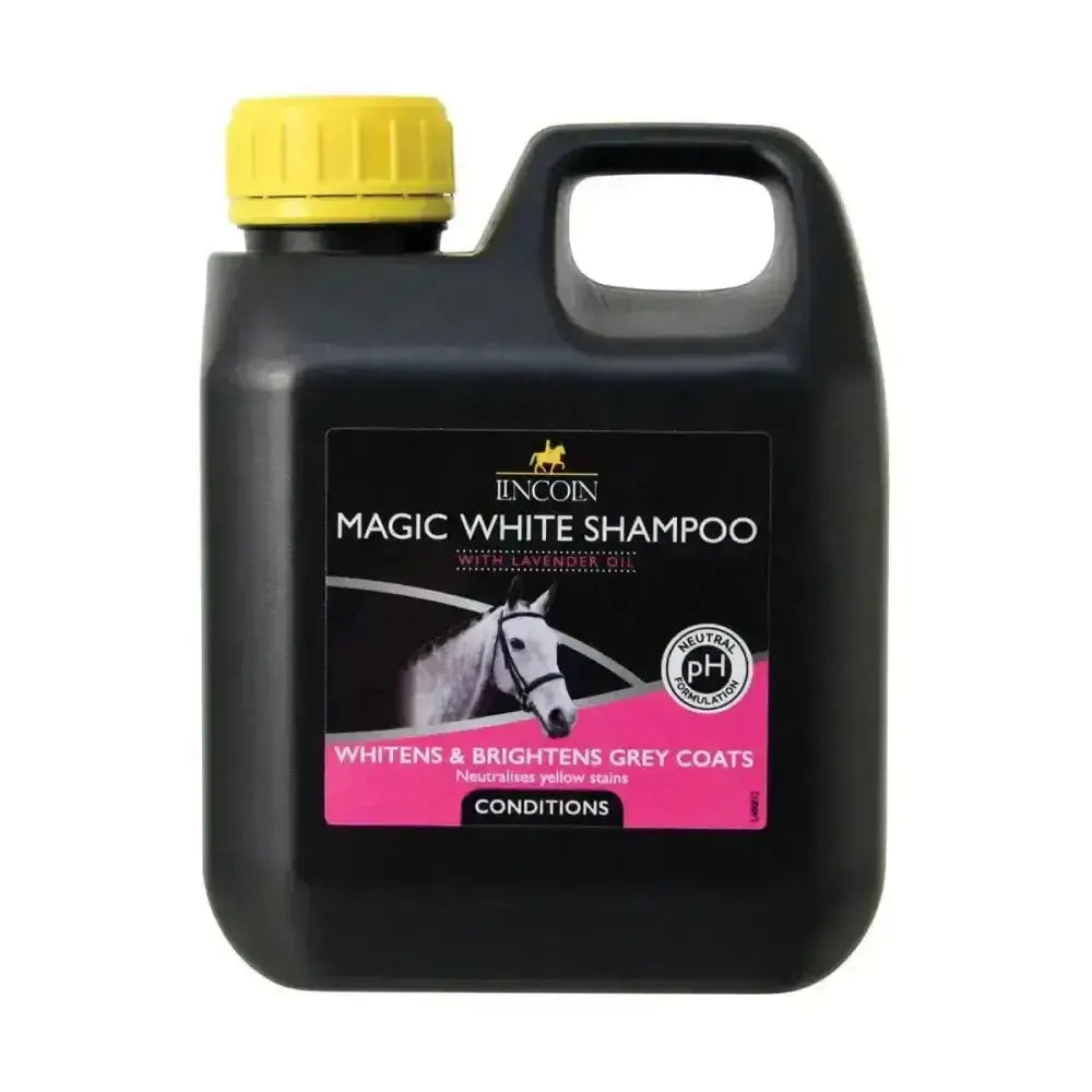 Black plastic bottle with yellow cap labeled lincoln magic white scientifically created white horse shampoo