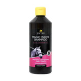 Black plastic bottle with yellow cap and pink label of lincoln magic white scientifically created white horse shampoo