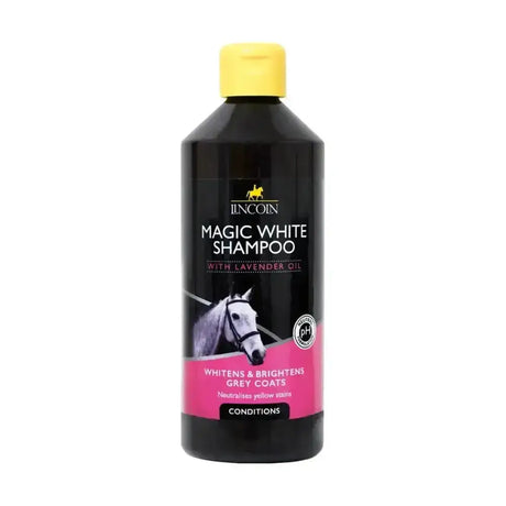 Black plastic bottle with yellow cap and pink label of lincoln magic white scientifically created white horse shampoo