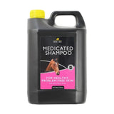 Black plastic jug with yellow cap and handle of lincoln medicated shampoo powerful antibacterial shampoo to optimise coat