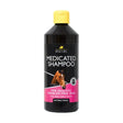 Black plastic bottle with yellow cap and pink label of lincoln medicated shampoo for powerful antibacterial coat care