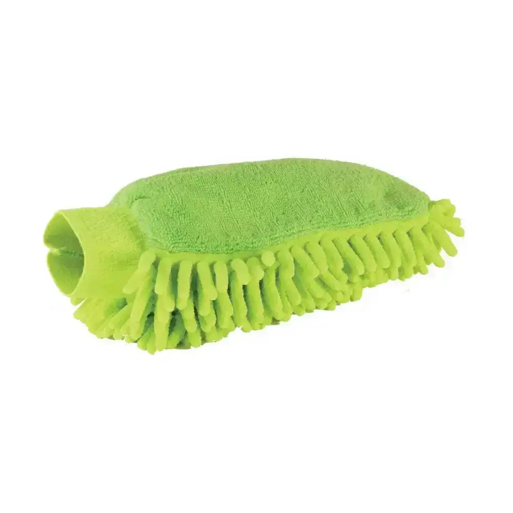 Bright lime green lincoln microfibre grooming mitt with soft plush texture and dense bristles for removing dust effectively