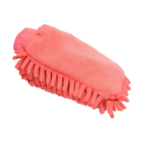Coral-colored lincoln microfibre grooming mitt with soft fringed texture perfect for removing dust and dirt