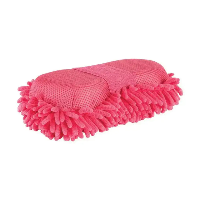 Pink lincoln microfibre grooming sponge with dense fluffy bristles and textured mesh handle for scrubbing stains
