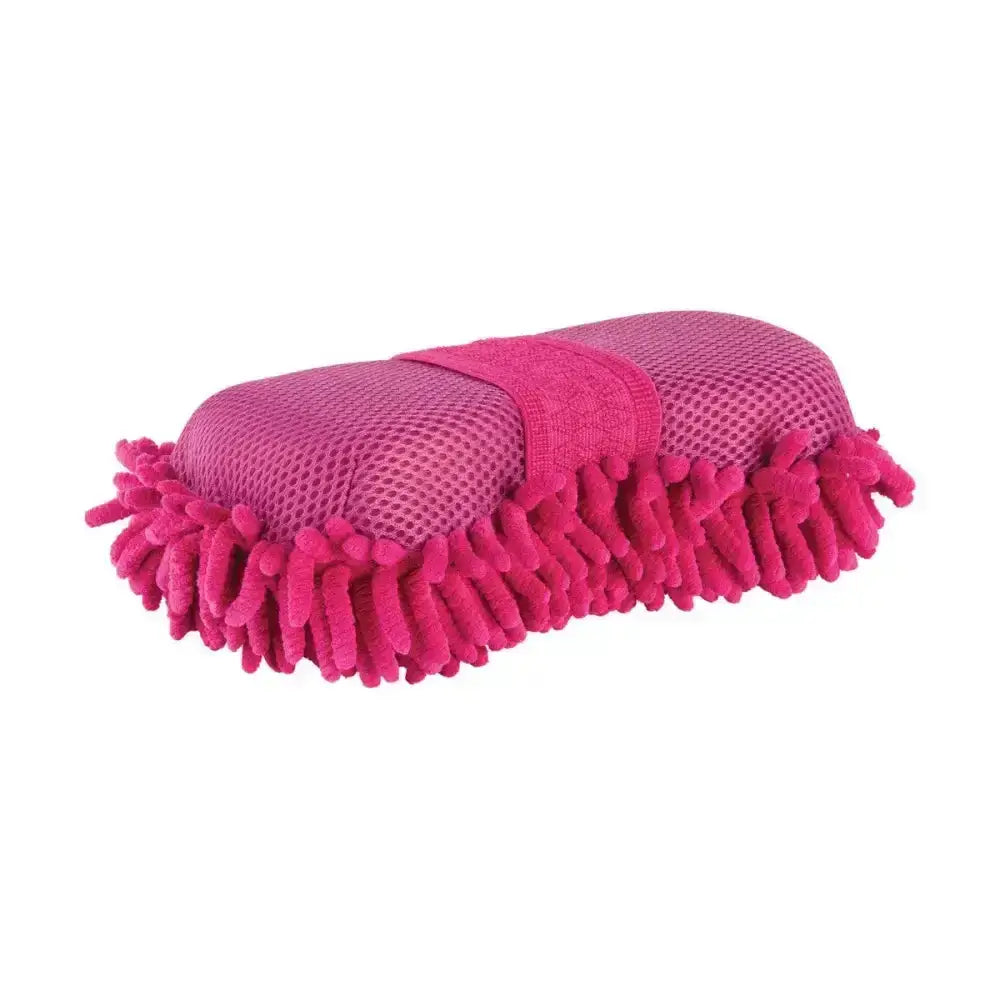 Bright pink lincoln microfibre grooming sponge with textured mesh and soft bristles for scrubbing stains on cars