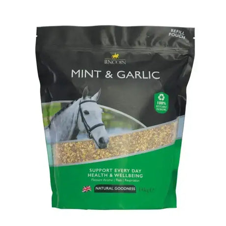 Black and green resealable lincoln mint horse feed pouch with a white horse image and gold garlic pellets visible for equestrian use