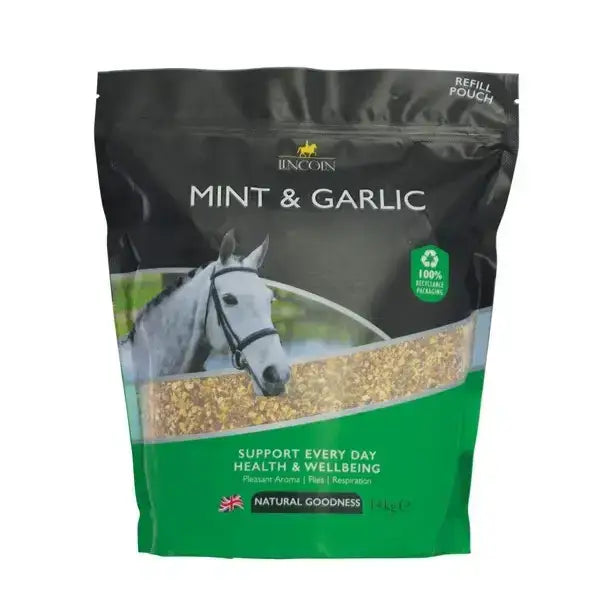 Black and green resealable lincoln mint horse feed pouch with a white horse image and gold garlic pellets visible for equestrian use