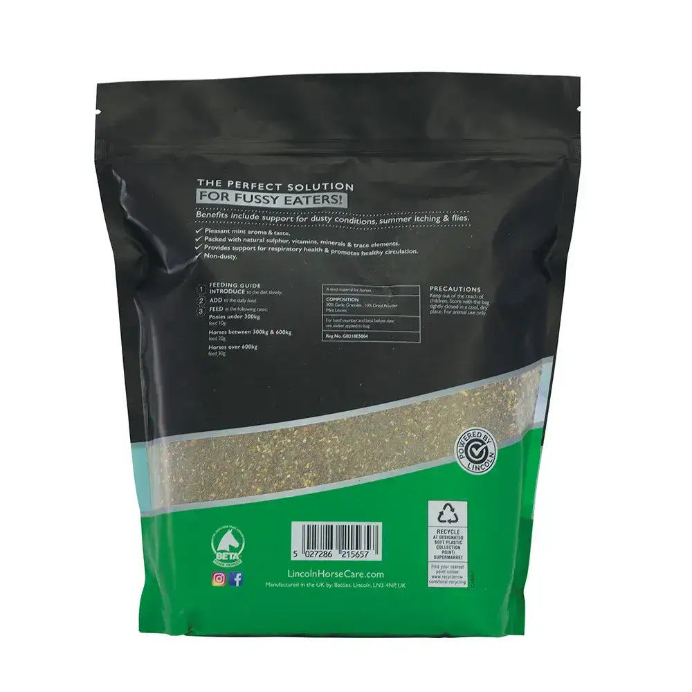 Black and green resealable pouch of lincoln mint equestrian horse supplement with light brown granular content