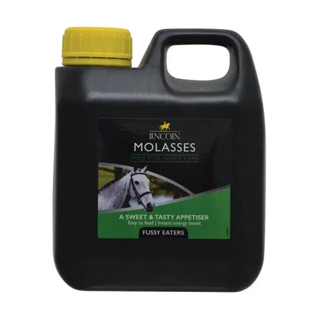 Black plastic jug with yellow lid and green lincoln molasses label for pure cane molasses horse supplements