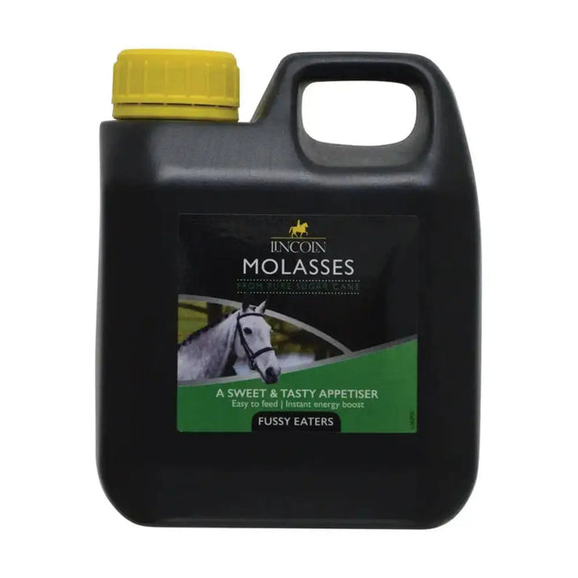 Black plastic jug with yellow lid and green lincoln molasses label for pure cane molasses horse supplements