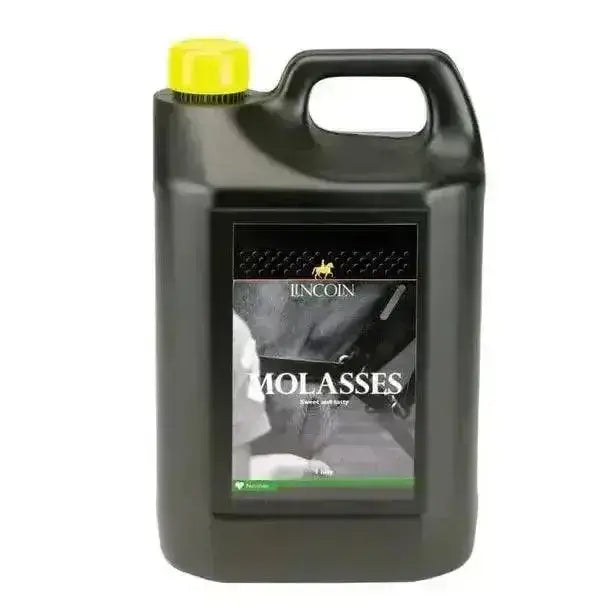 Black plastic jug with yellow cap and handle labeled lincoln molasses pure cane molasses for horse supplements