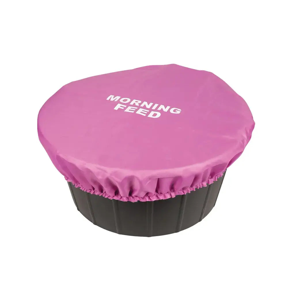 Pink lincoln morning feed bucket cover with white print elasticated hem fits snugly over dark gray plastic bucket