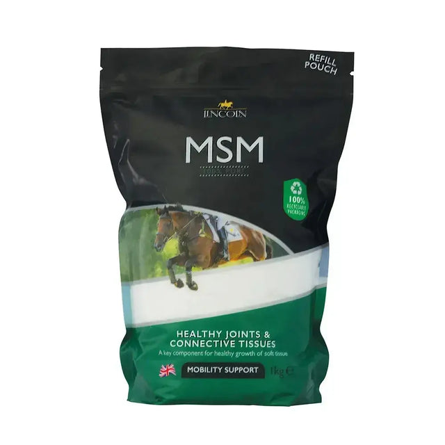 Black and green refill pouch of lincoln msm pure supplement with methyl sulphonyl methane for horses susceptible joints