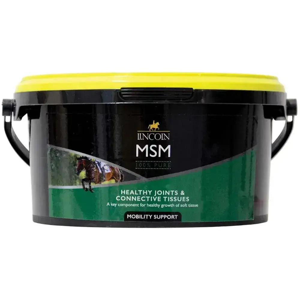 Black plastic lincoln msm bucket with yellow lid labeled 100% pure methyl sulphonyl methane for horses susceptible joints