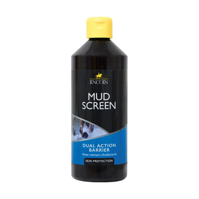 Black plastic lincoln mud screen bottle with yellow cap and blue label for actively repelling mud resistant barrier cream