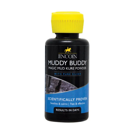 Black lincoln muddy buddy bottle with bright yellow cap featuring muddy buddy magic mud kure powder label in blue and white text