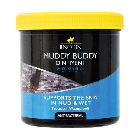 Lincoln muddy buddy ointment in a black jar with bright yellow lid featuring sulphur for antibacterial waterproof barrier