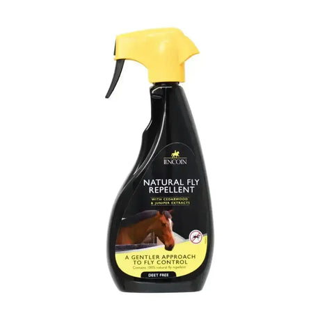 Black plastic spray bottle with yellow trigger labeled lincoln natural fly repellent that repels flies naturally