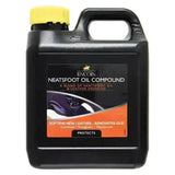 Black plastic jug with yellow cap and handle labeled lincoln neatsfoot oil compound for leather oil use