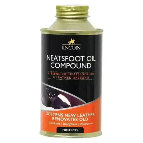 A lincoln neatsfoot oil compound can with black and orange label and gold metal cap for leather oil care