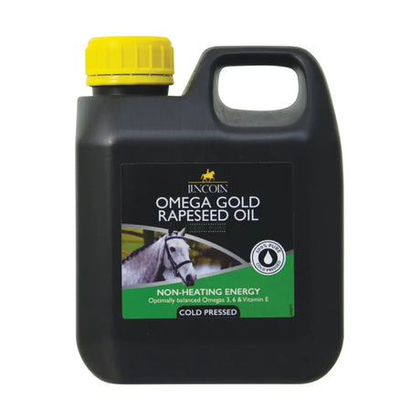 Black plastic jug with yellow cap labeled lincoln omega gold pure cold pressed gold rapeseed oil product