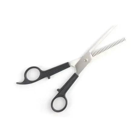 Black-handled Lincoln one sided thinning scissors with silver steel blade featuring fine teeth for precise hair thinning