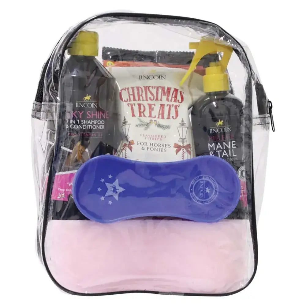 Clear plastic lincoln pamper pack with luxurious lincoln goodies like horse treats dark bottles and a blue grooming tool for silky shine