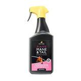 Black plastic spray bottle with bright yellow trigger nozzle labeled lincoln piaffe mane and tail conditioner for horses