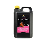 Black plastic jug with yellow cap labeled lincoln piaffe mane and tail conditioner featuring horse head image