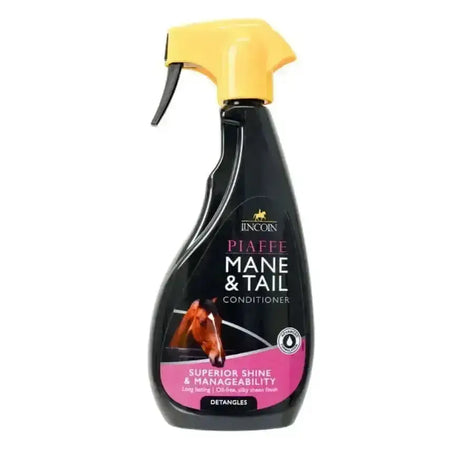 Black plastic spray bottle with yellow trigger labeled lincoln piaffe mane and tail conditioner for a sophisticated spray