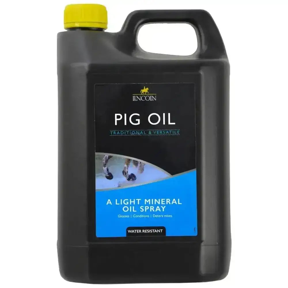 Black plastic jug with yellow cap of lincoln pig oil spray light mineral oil for coat gloss and waterproof barrier