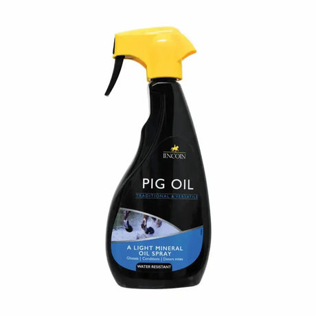 Black spray bottle with bright yellow trigger labeled lincoln pig oil by incion for coat gloss and waterproof barrier
