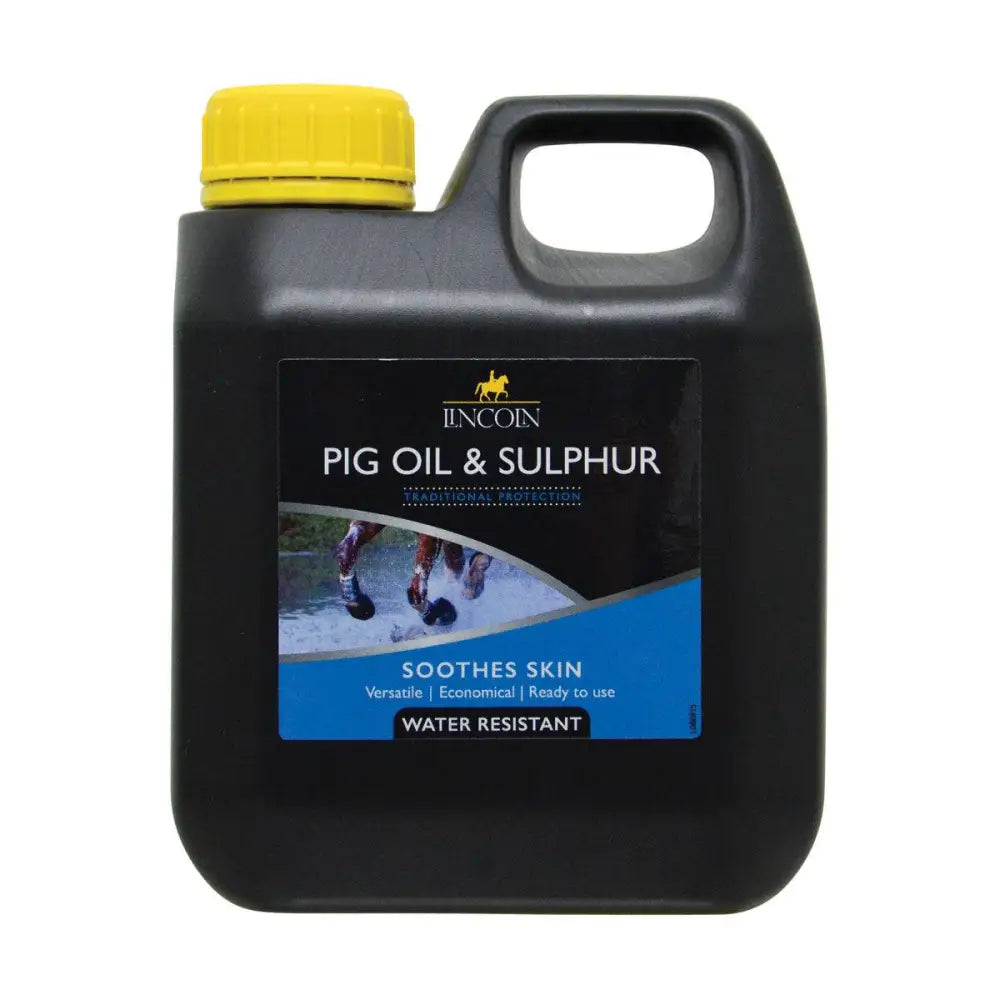 Black plastic jug with yellow cap labeled lincoln pig oil and sulphur traditional barrier creams for horse skin care