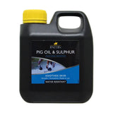 Black plastic jug with yellow cap labeled lincoln pig oil and sulphur traditional barrier creams for horse skin care