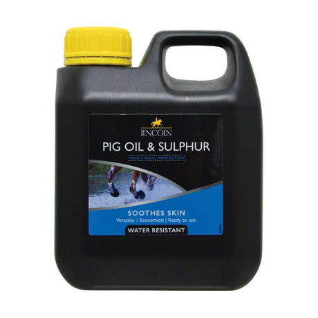 Black plastic jug with yellow cap labeled lincoln pig oil and sulphur traditional barrier creams for horse skin care