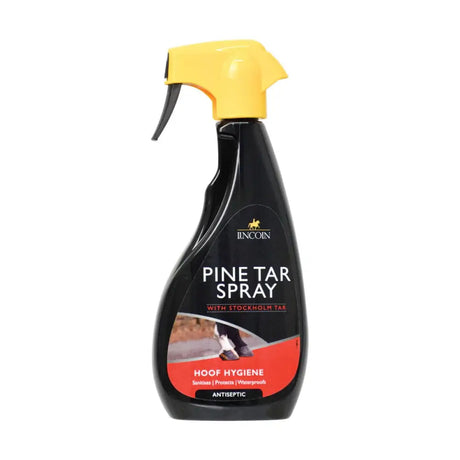 Black plastic bottle with bright yellow spray nozzle labeled lincoln pine tar spray for natural stockholm tar hoof care