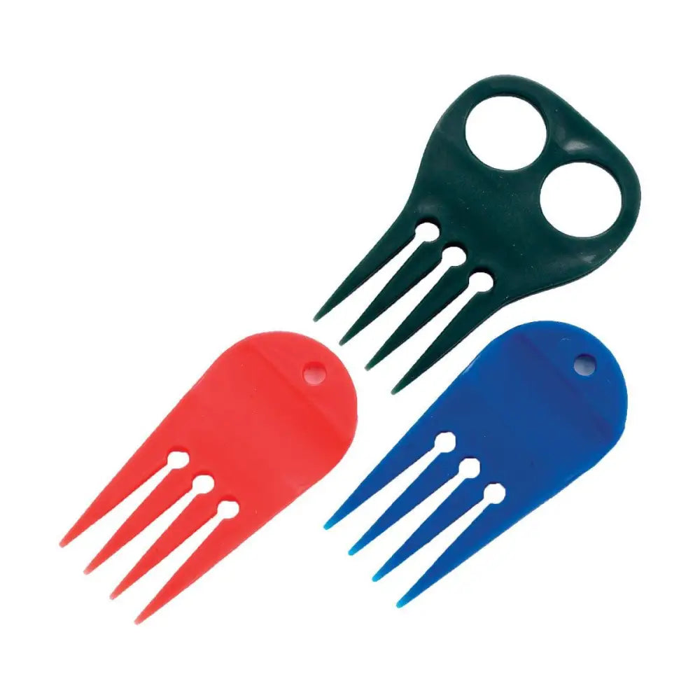Set of three colorful plastic lincoln plait aid four pronged comb golf ball markers in red green and blue for horse grooming combs