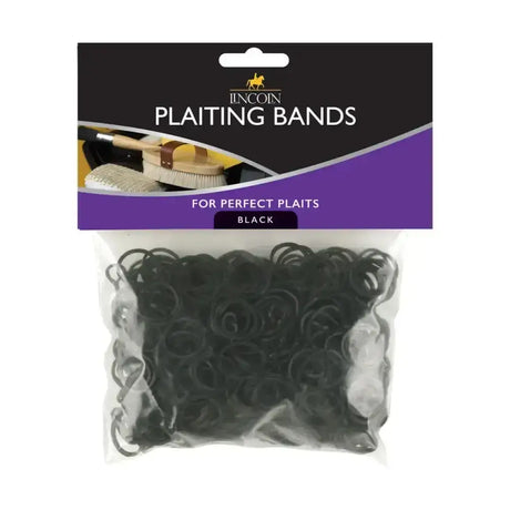 Black plastic lincoln plaiting bands in a clear bag with purple and black header for lincoln plaiting use