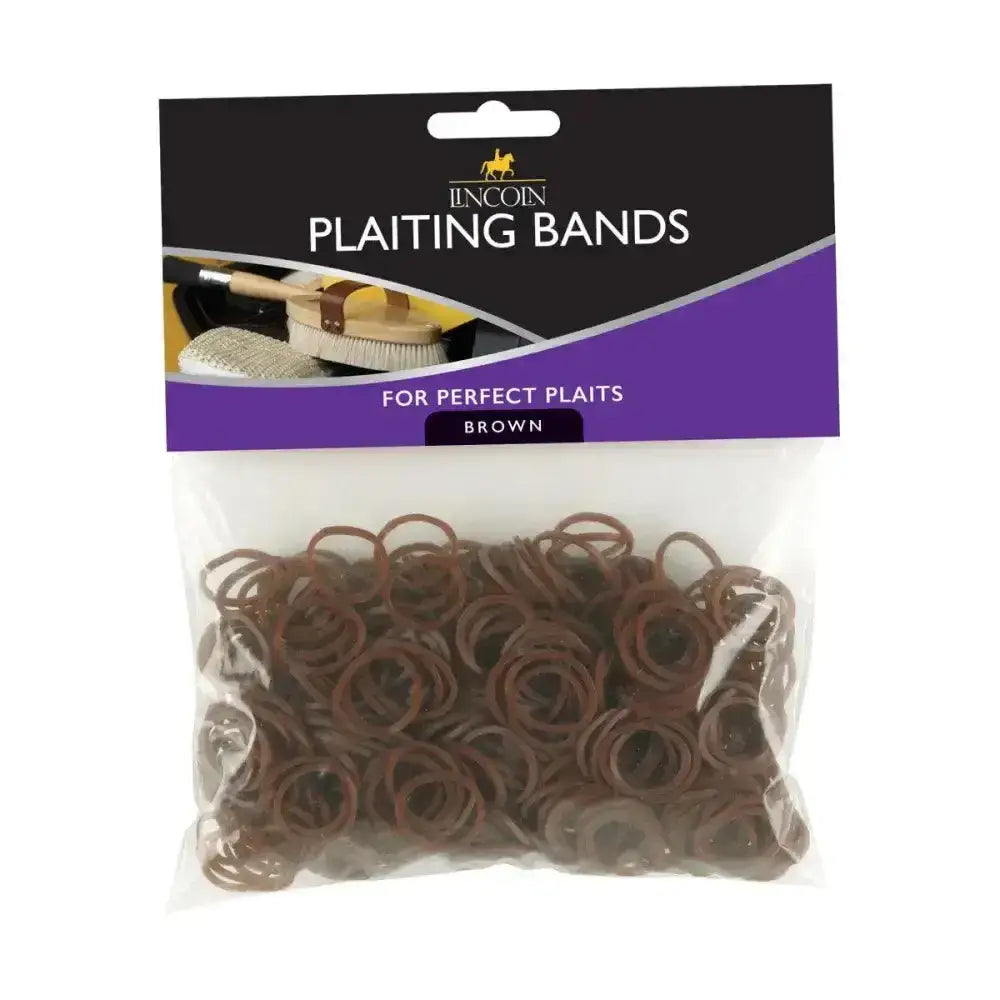 Brown plastic lincoln plaiting bands in a clear package with black and purple label for plaiting use