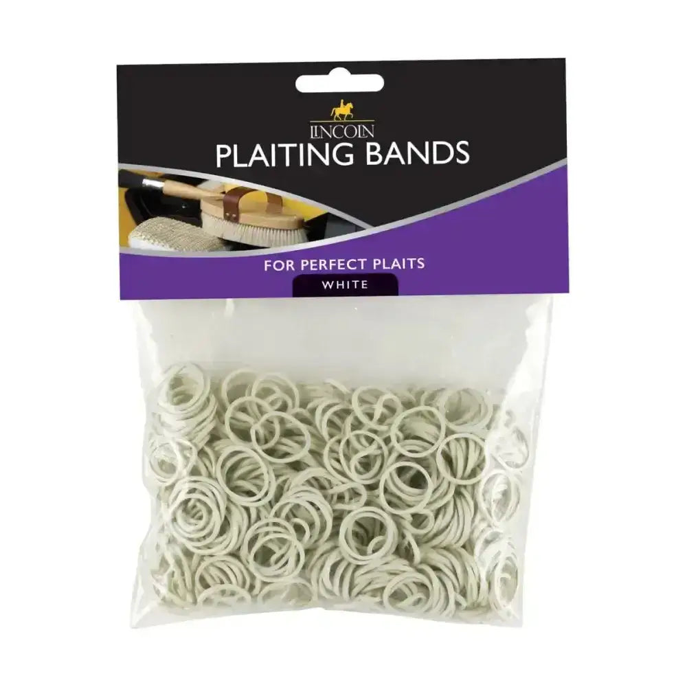White plastic lincoln plaiting bands in clear package with purple and black branding for easy plaiting use