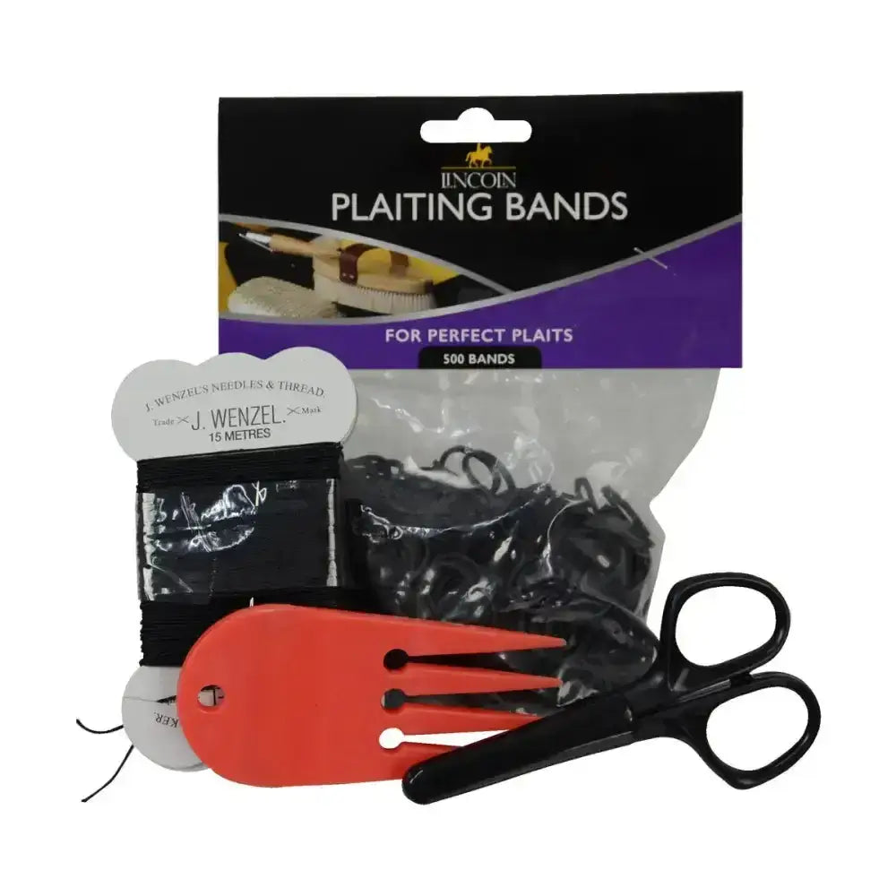 Black lincoln plaiting bands in clear bag with purple and black packaging for lincoln plaiting kit and plait aid use