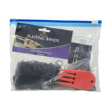 A bright red plastic plait aid with three prongs and black elastics packed in a clear bag from the lincoln plaiting kit