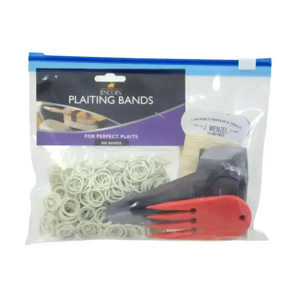 A lincoln plaiting kit with 300 white plait aid bands, a red and black tool, and wenzel plaiting thread pouch