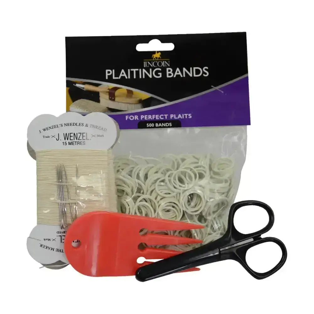 White plastic plaiting bands in clear pack with black and purple branding from lincoln plaiting kit for plait aid use