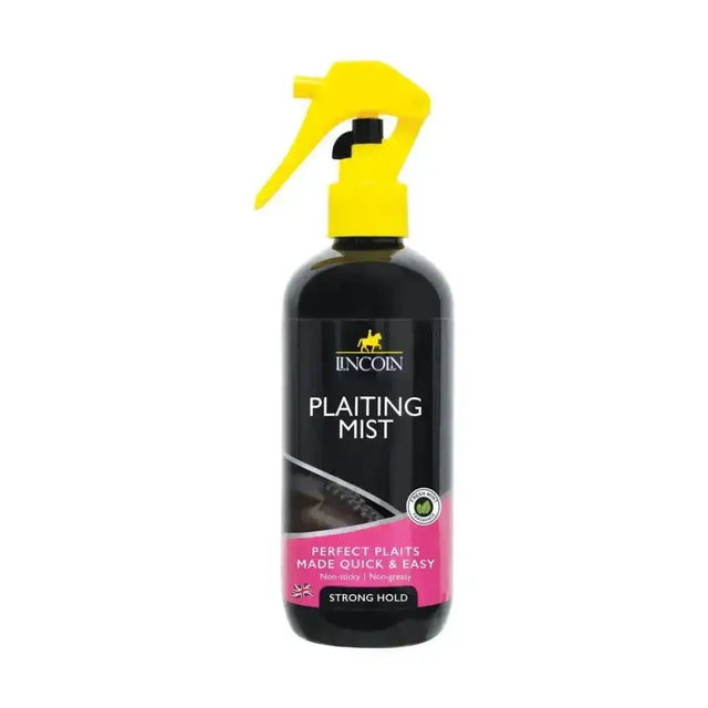 Lincoln plaiting spray mist in a dark green bottle with bright yellow nozzle helps plait easily with strong hold formula