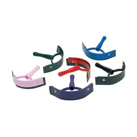 A set of colorful lincoln plastic sweat scraper horse fly brushes with rubber edge heads and plastic handles