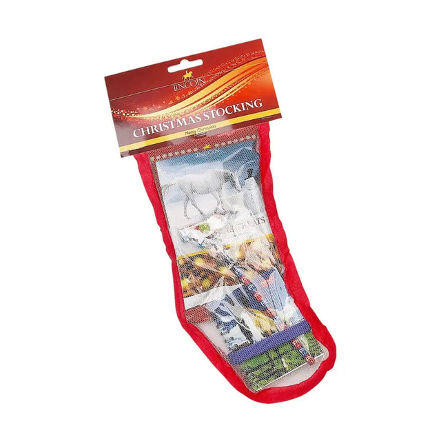 Red lincoln pony mad stocking with white horses festive design packaged in clear plastic for christmas fun
