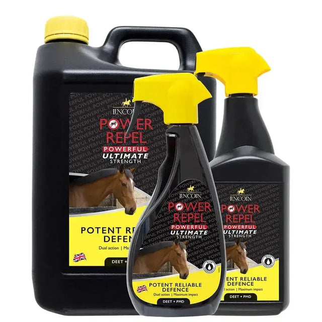 Black plastic lincoln power repel spray bottles with yellow caps and horse label for ultimate strength insect fly repel