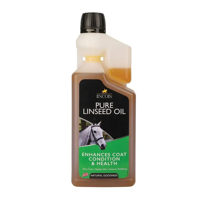 A brown plastic bottle of lincoln pure linseed oil with black cap featuring a horse for coat condition and health